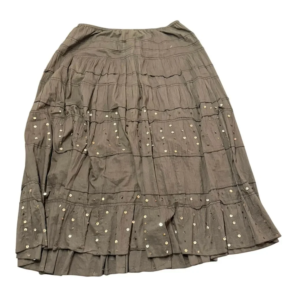 Harold’s Women’s Maxi brown crinkle skirt w sequins, boho, Large